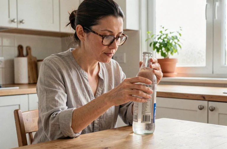 Femme lisant l'étiquette d'une bouteille d'eau minérale gazeuse pour vérifier sa teneur en magnésium contre la constipation
