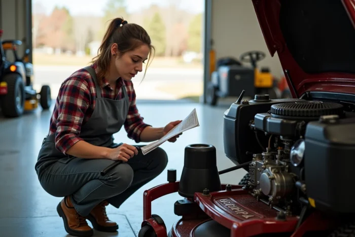 Femme mécanicienne consultant un manuel de service Briggs et Stratton pour régler les soupapes d'une tondeuse autoportée