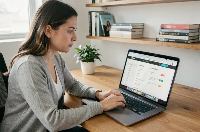 Femme utilisant un navigateur web optimisé sur un ordinateur portable dans un bureau à domicile moderne