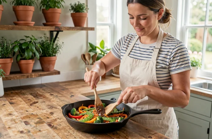 Femme préparant un wok de légumes colorés dans une cuisine rustique avec tablier en lin