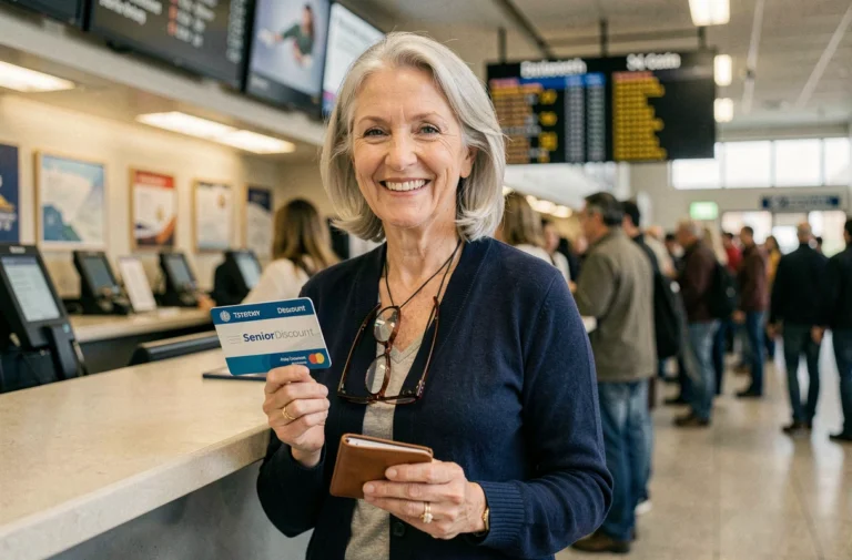 Femme senior souriante tenant une carte senior gratuite au guichet d'une gare, illustrant les avantages de la carte senior pour les transports en commun