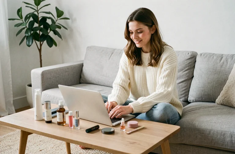 Jeune femme parcourant des tendances beauté et accessoires sur un ordinateur portable, assise dans un salon minimaliste avec des produits cosmétiques disposés sur une table en bois