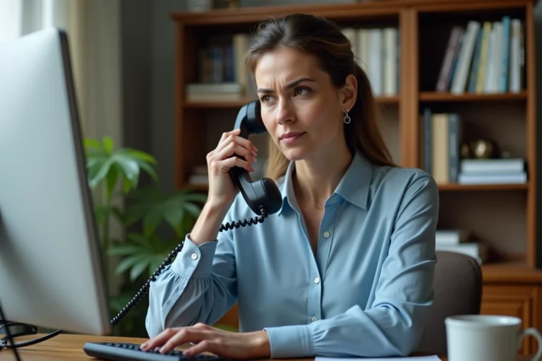 Femme au téléphone tentant de contacter la CPAM depuis son bureau à domicile