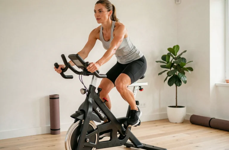 Femme utilisant un vélo d'appartement Sportstech SX200 dans une salle de sport à domicile