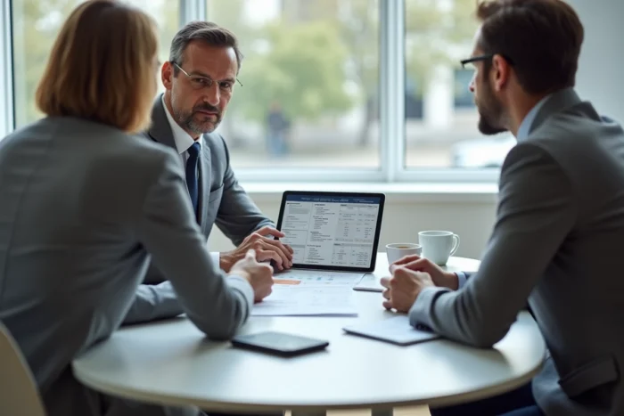 Conseiller financier rassurant un couple sur la fiscalité d'une transaction immobilière autour d'un tableau fiscal