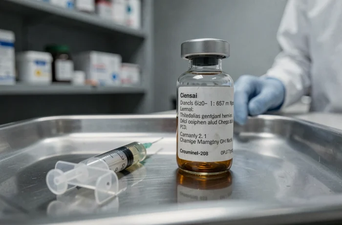 Flacon de produit de contraste au gadolinium et seringue sur plateau médical stérile