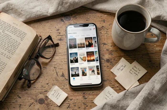 Flat-lay d'un smartphone affichant une application de bibliothèque numérique gratuite posé sur une table avec des livres et des lunettes de lecture