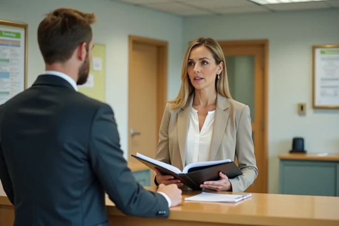 Femme en formation chauffeur VSL dans une auto-école administrative, consultant des documents de certification avec un formateur