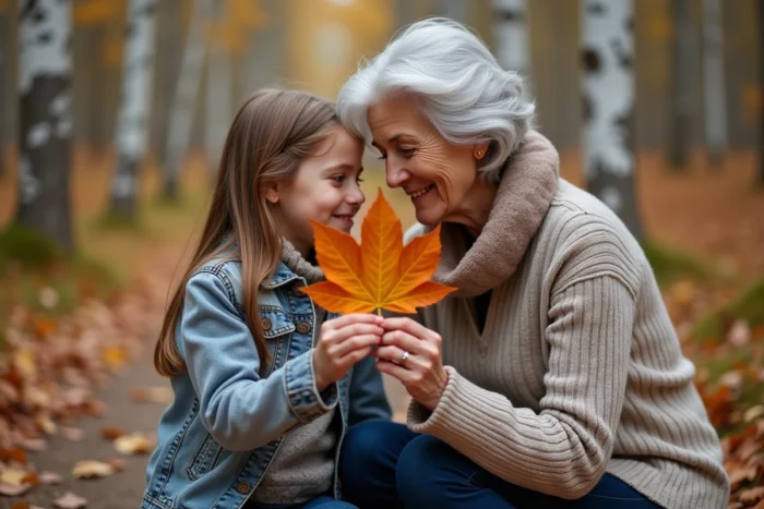 Grand-mère et petite-fille examinant une feuille d'automne ensemble sur un sentier forestier, moment de complicité intergénérationnelle en pleine nature