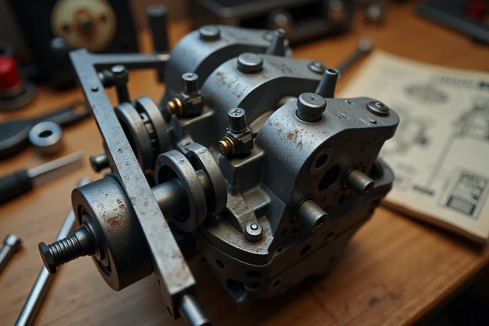 Gros plan sur le réglage du jeu de soupape avec une jauge d'épaisseur sur moteur Briggs et Stratton