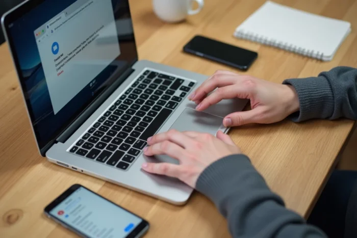 Gros plan de mains résolvant une erreur DNS et problème d'accès web sur ordinateur portable