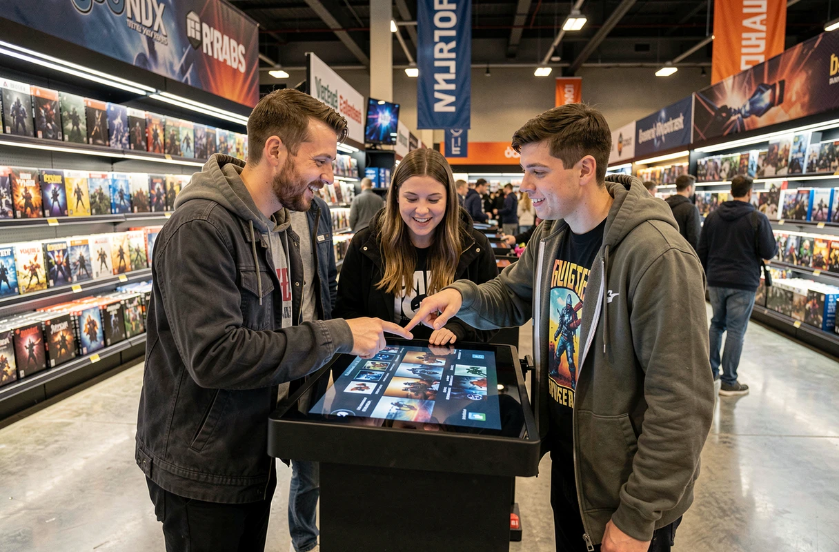 Groupe de joueurs découvrant les nouveautés jeux vidéo lors d'un salon gaming