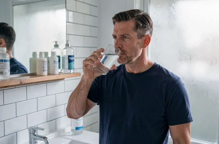 Homme buvant un grand verre d'eau minérale le matin dans sa salle de bain dans le cadre d'une routine contre la constipation