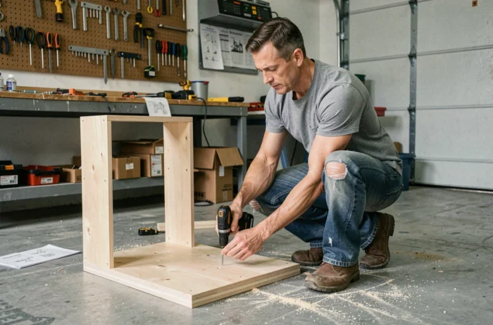 Homme bricoleur assemblant une étagère dans un atelier de garage avec une perceuse sans fil