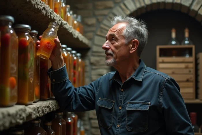 Homme inspectant des bocaux d'alcool de fruit maison dans une cave en pierre, ambiance traditionnelle et artisanale