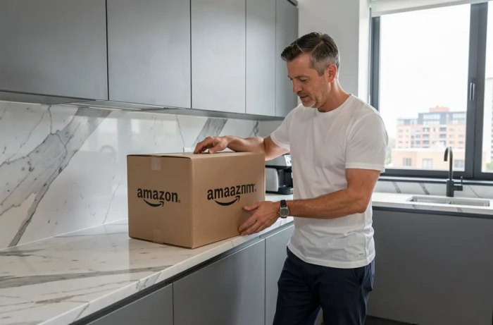 Homme inspectant un colis Amazon Prime livré dans sa cuisine moderne