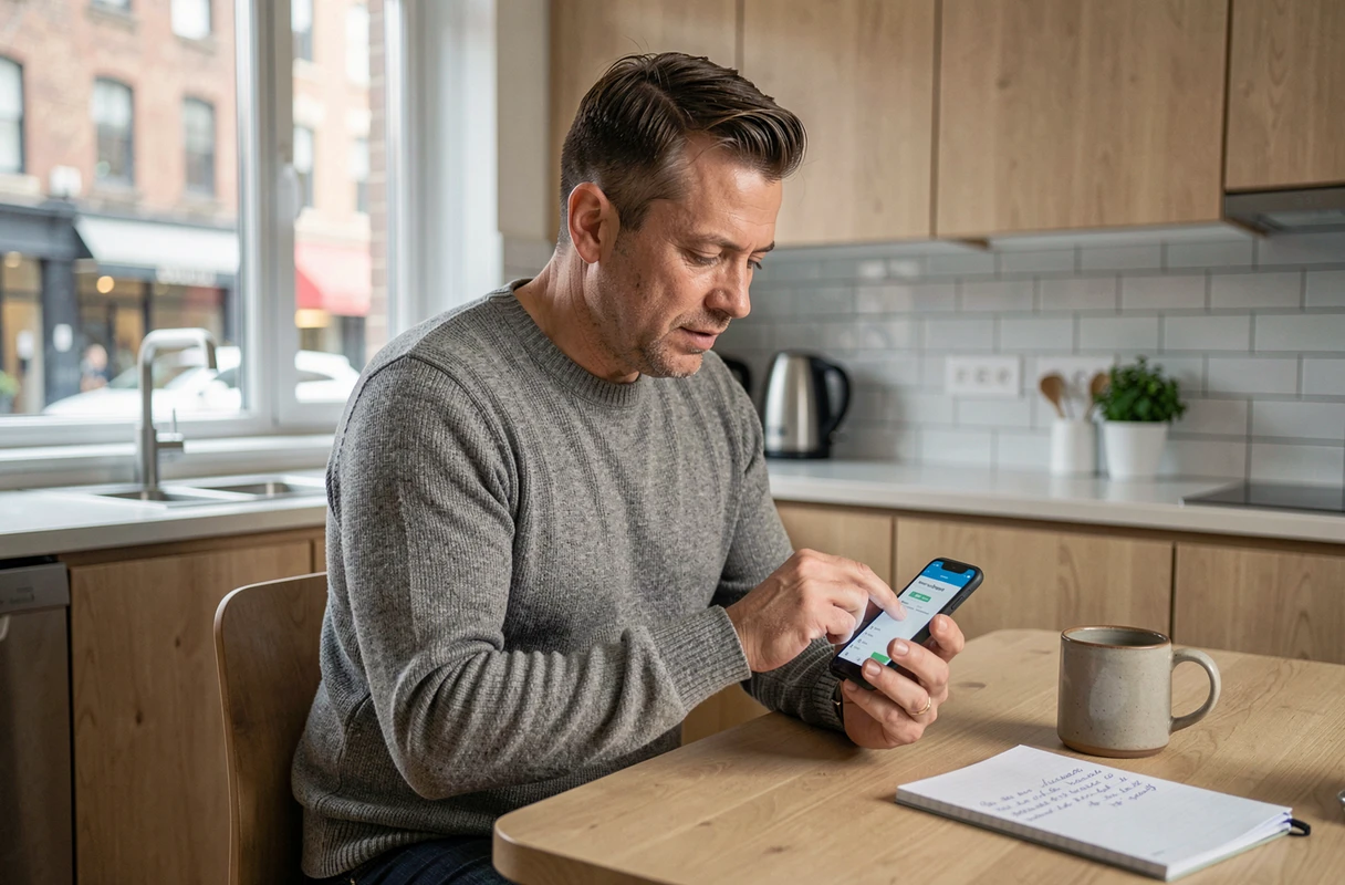 Homme consultant son application bancaire sur smartphone à la cuisine pour vérifier un prélèvement automatique ADIS