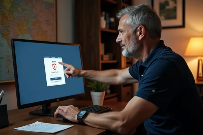 Homme analysant une erreur de connexion sur la page webmail SFR depuis un ordinateur de bureau