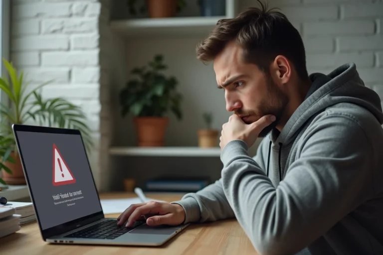 Homme frustré devant un ordinateur portable affichant une page d'erreur d'accès à un site web
