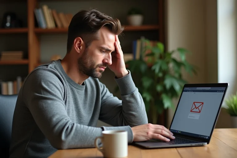 Homme frustré devant son ordinateur portable affichant une erreur de messagerie SFR
