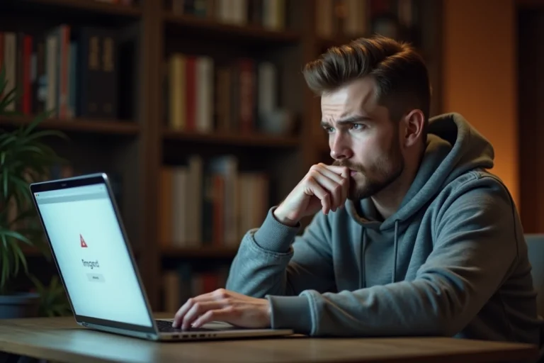Homme frustré devant un écran d'ordinateur affichant une erreur de site de streaming inaccessible
