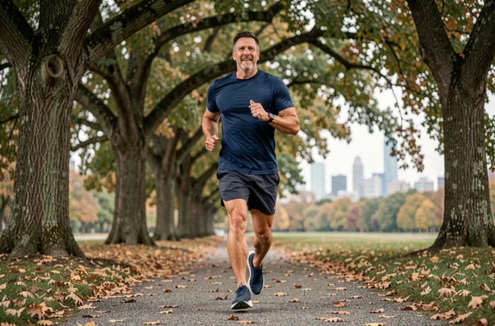 Homme qui court dans un parc en automne dans le cadre d'un programme de perte de poids durable
