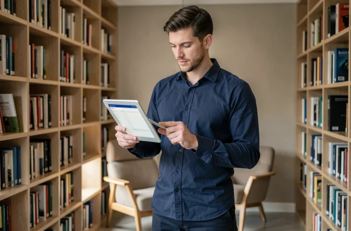 Homme consultant le menu de navigation d'un site sur une tablette dans une bibliothèque moderne