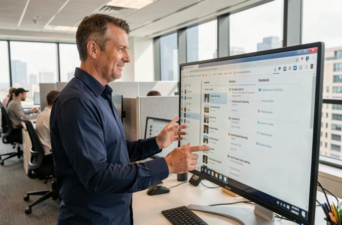 Homme professionnel optimisant sa navigation internet sur un grand écran dans un bureau moderne en open space