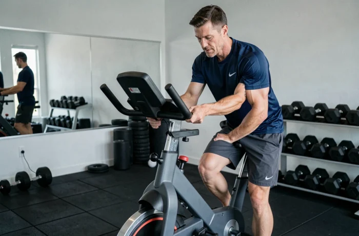 Homme réglant la selle de son vélo d'appartement Sportstech SX200 avant une séance d'entraînement
