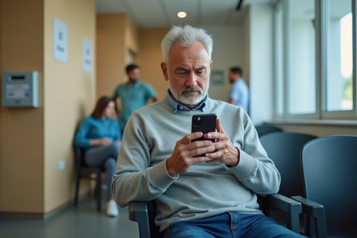 Homme dans une salle d'attente de la CPAM consultant son smartphone pour trouver une alternative au 3646