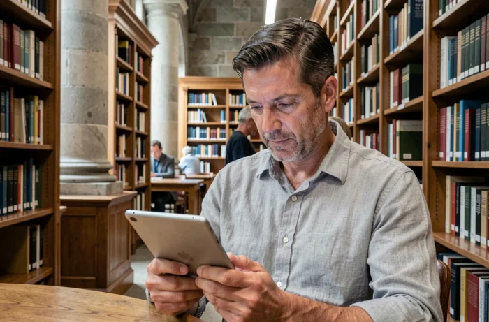 Homme consultant une plateforme de téléchargement de livres numériques gratuits sur une tablette dans une bibliothèque publique