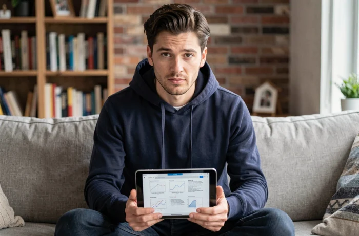 Jeune homme consultant un guide illustré sur tablette depuis son canapé, représentant l'apprentissage autonome d'un fonctionnement technique