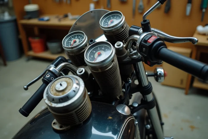 Détail moteur Honda CB750 quatre cylindres en atelier mécanique, vue rapprochée réaliste