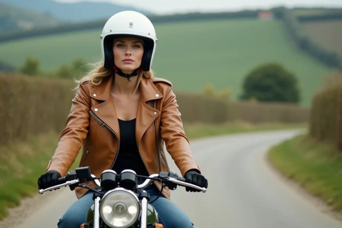 Femme motarde sur une Honda CB750 sur route de campagne française, conduite permis A2