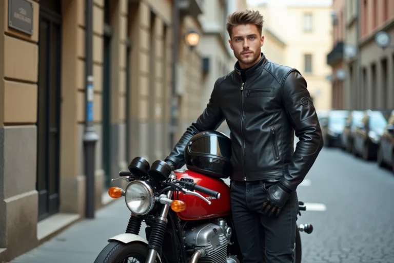Jeune motard à côté d'une Honda CB750 garée en ville, idéale pour le permis A2