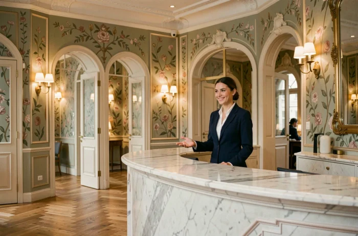 Hall d'entrée de l'hôtel La Fantaisie à Paris avec décor Second Empire et réceptionniste accueillant les clients