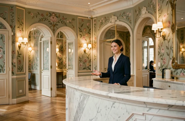Hall d'entrée de l'hôtel La Fantaisie à Paris avec décor Second Empire et réceptionniste accueillant les clients
