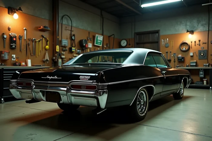 Vue arrière d'une Impala 1967 noire restaurée dans un garage vintage rappelant l'atmosphère de la série Supernatural