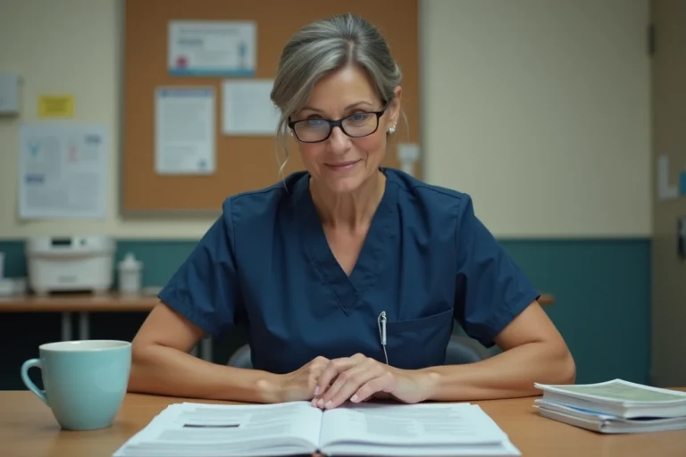 Infirmière consultant des ressources médicales imprimées dans une salle de pause hospitalière