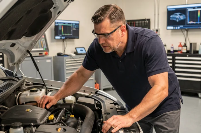 Ingénieur automobile masculin inspectant le groupe motopropulseur d'un SUV hybride dans un atelier professionnel en 2024