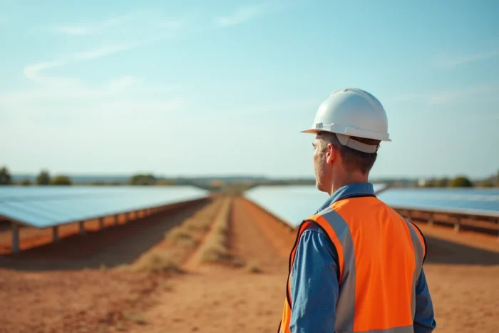 Ingénieur en sécurité debout devant un vaste champ de panneaux solaires symbolisant la transition vers les énergies renouvelables