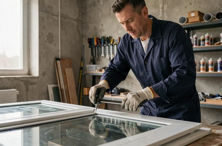 Technicien vitrier injectant du gaz argon dans un double vitrage posé à plat sur une table d'atelier