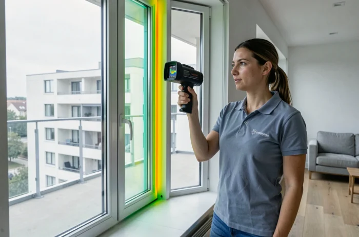 Consultante en efficacité énergétique inspectant un double vitrage avec une caméra thermique dans un appartement moderne