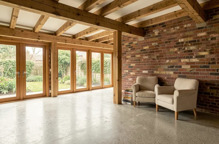 Intérieur d'une maison durable avec poutres en bois apparentes, sol en béton recyclé et mur en briques récupérées, lumière naturelle par grandes fenêtres