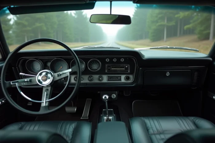 Intérieur authentique du tableau de bord d'une Chevrolet Impala 1967 noire identique au véhicule de la série Supernatural
