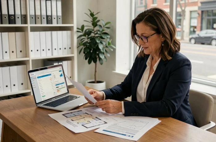 Investisseuse immobilière analysant des documents de bien locatif dans un bureau moderne et élégant