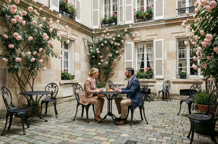 Couple profitant du jardin intérieur de l'hôtel La Fantaisie à Paris autour d'un café en terrasse