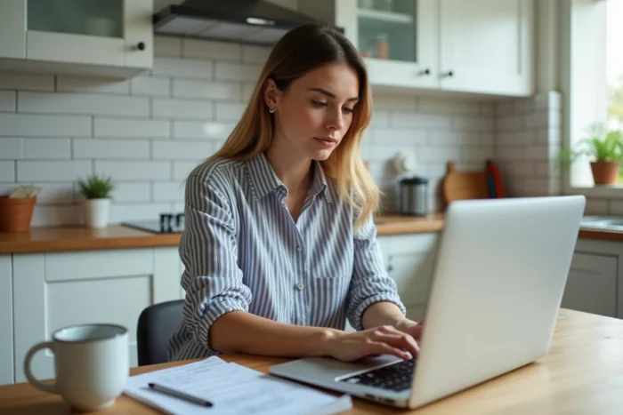 Jeune femme remplissant un formulaire en ligne sur le site Ameli comme alternative au numéro 3646 de la CPAM
