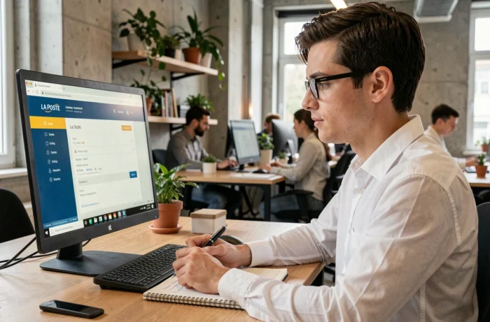 Jeune professionnel consultant le portail malin La Poste pour comparer les avantages sociaux en ligne