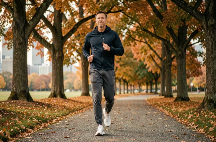 Homme faisant du jogging dans un parc urbain en automne pour maintenir sa santé physique et mentale au quotidien